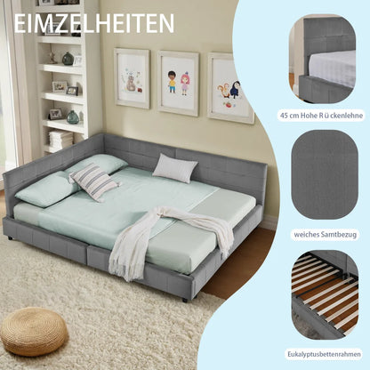 Modernes Einzelbett 90*200 cm, hautfreundliches Samtdesign, Babybett mit hoher Rückenlehne, Beige und Dunkelgrau (ohne Matratze)
