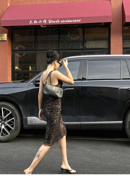 Sexy Spitzen riemen Kleid elegant für Frauen Sommer neue hohe Taille schlank gewickelt Hüfte mittellanges Kleid Mode Spitze süß 626x.