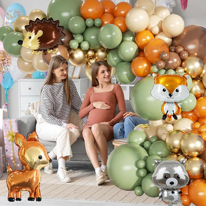 Woodland Animals Balloon Garland Arch Set, 148 Pieces Forest Theme Gray Green Brown Balloon Forest Animal Neutral Gender Reveal Party Supplies Oh Baby Jungle Decoration