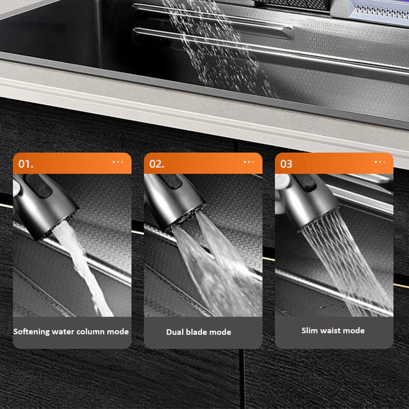 Kitchen Basin Stainless Steel Waterfall Sink Large Single Slot Integrated Digital Display Faucet Set Soap Dispenser Cup Washer