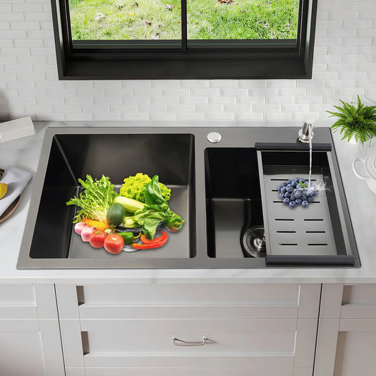 Edelstahlspüle, moderne Küchenspüle, Black Diamond 7843PB, Doppelspüle, Abfluss + Seifenspender zum Reinigen von Geschirr und Gemüse