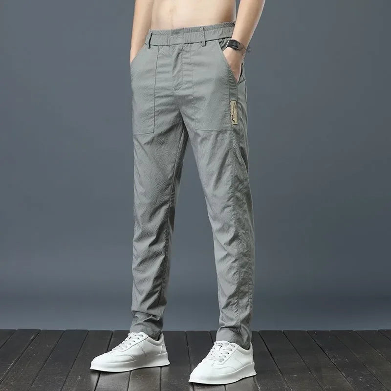 Men's Ice Silk Ultra-thin Casual Pants Korean-style Trendy Loose-fit Straight-leg Lightweight Quick-dry Long Trousers For Summer.