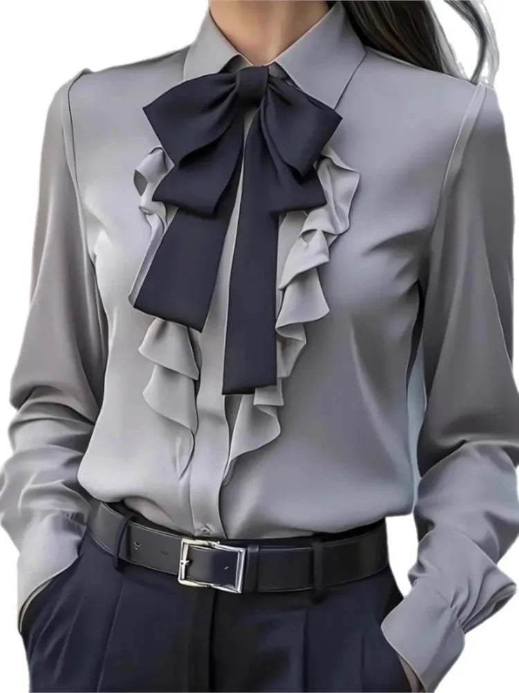 Autumn Solid Lace-up Bow Ruffled Shirt For Women Fashion Elegant Button Long Sleeve Casual Womens Tops And Blouses Women Clothes.