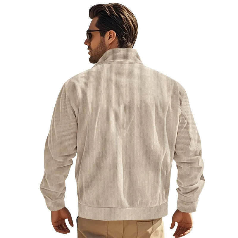 Men's Corduroy Jacket Stand-up Collar Slim Fit Retro Multi-pocket Workwear Commuter Coat for Spring And Autumn