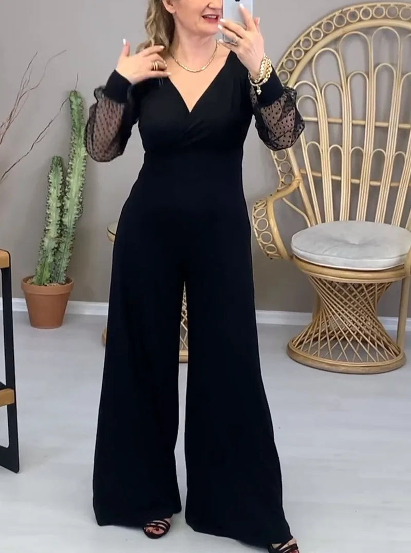 Jumpsuits Women One Piece Wide Leg Pants V Neck Gauze Long Sleeve Tight Waist Straight Trousers 2025 Office Lady Overalls.