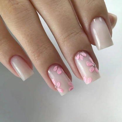 Mid-length Coffin Fake Nails 24Pcs White French Tip Ballerina Press On Nail Pink/White Flower Printed Spring/Summer DIY Manicure.