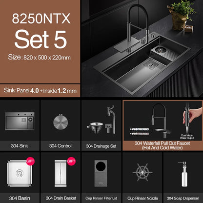 ASRAS New Waterfall Faucet Kitchen Sinks Nanometer Large Size 4mm Panel Handmade Sinks Cup Rinser Kitchen Sinks