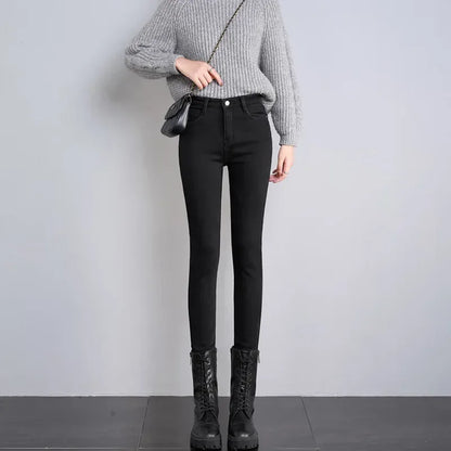 Frauen Thermische Dünne Jeans Mom Winter Warme Plüsch Stretch Jeans Dame Fleece Schnee Denim Hosen Student Bleistift Gerade Bein Hosen