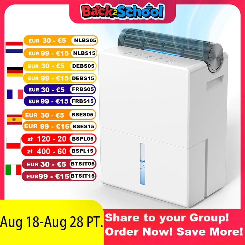 Dehumidifier 2000 ml for Bedroom, Double Hold Design, Drying Mode, Sleep Mode 30 dB, Intelligent Auto Defrost Function 24h Timer.