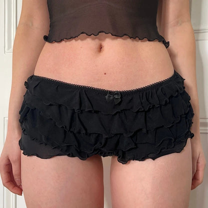 Y2k Multi-layers Ruffle Sheer Shorts Edge Waistband Bow Low Waist Micro Pants Fairy Coquette 00s Cute Mini Shorts Rave Party.