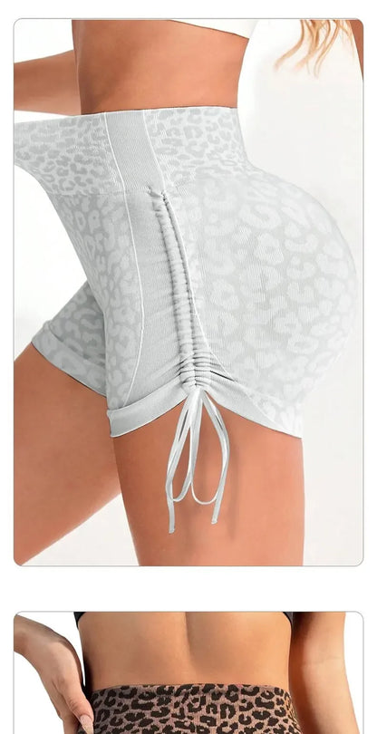 Women High Waist Yoga Shorts Side Drawstring Sexy Leopard Print Sports Shorts Gym Athletic Running Leggings Workout Shorts.