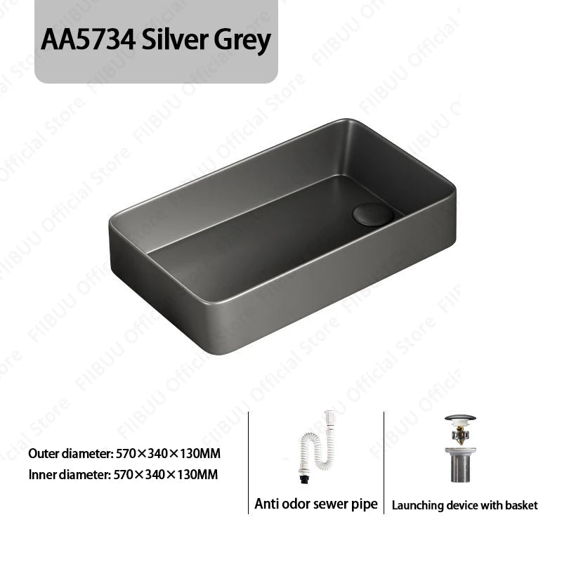 Rechteckiges silbergraues Porzellan-Keramikgefäßwaschbecken über der Theke, Toilette, Badezimmer-Schminktisch, Waschbecken, glasiertes weißes Waschbecken