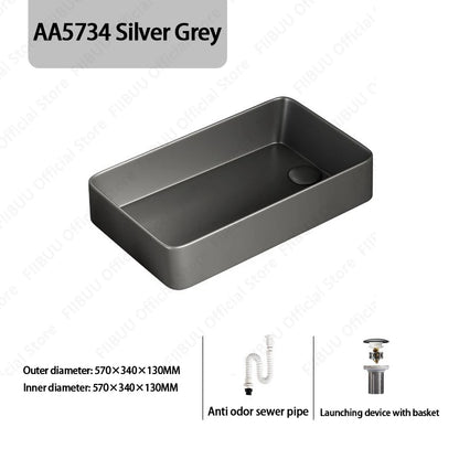 Rechteckiges silbergraues Porzellan-Keramikgefäßwaschbecken über der Theke, Toilette, Badezimmer-Schminktisch, Waschbecken, glasiertes weißes Waschbecken