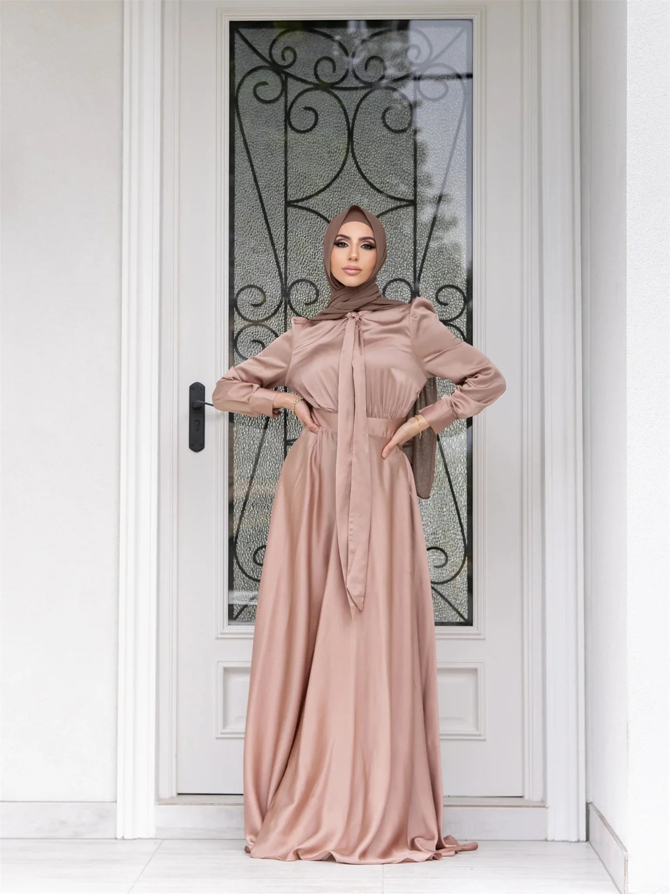 Elegant Satin Dress for Women Muslim Fashion Abaya Hijab Dubai Turkey Evening Dresses Arabic Kaftan Robe Female Islamic Clothing.