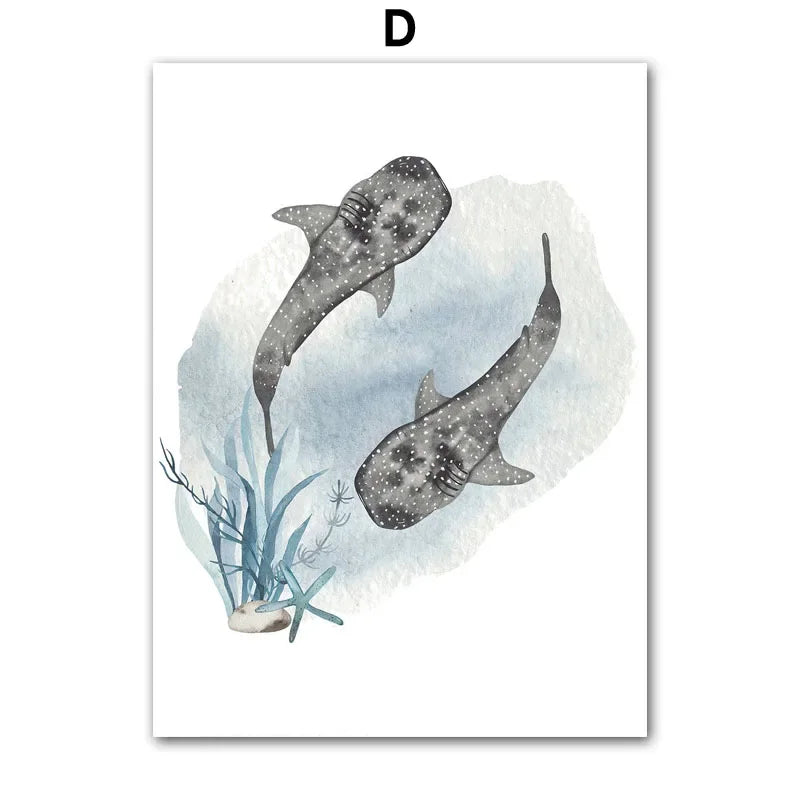 Posters And Prints Whale Fish Shark Octopus Turtle Sea Animals Nursery Wall Art Canvas Painting Pictures Baby Kids Room Decor.