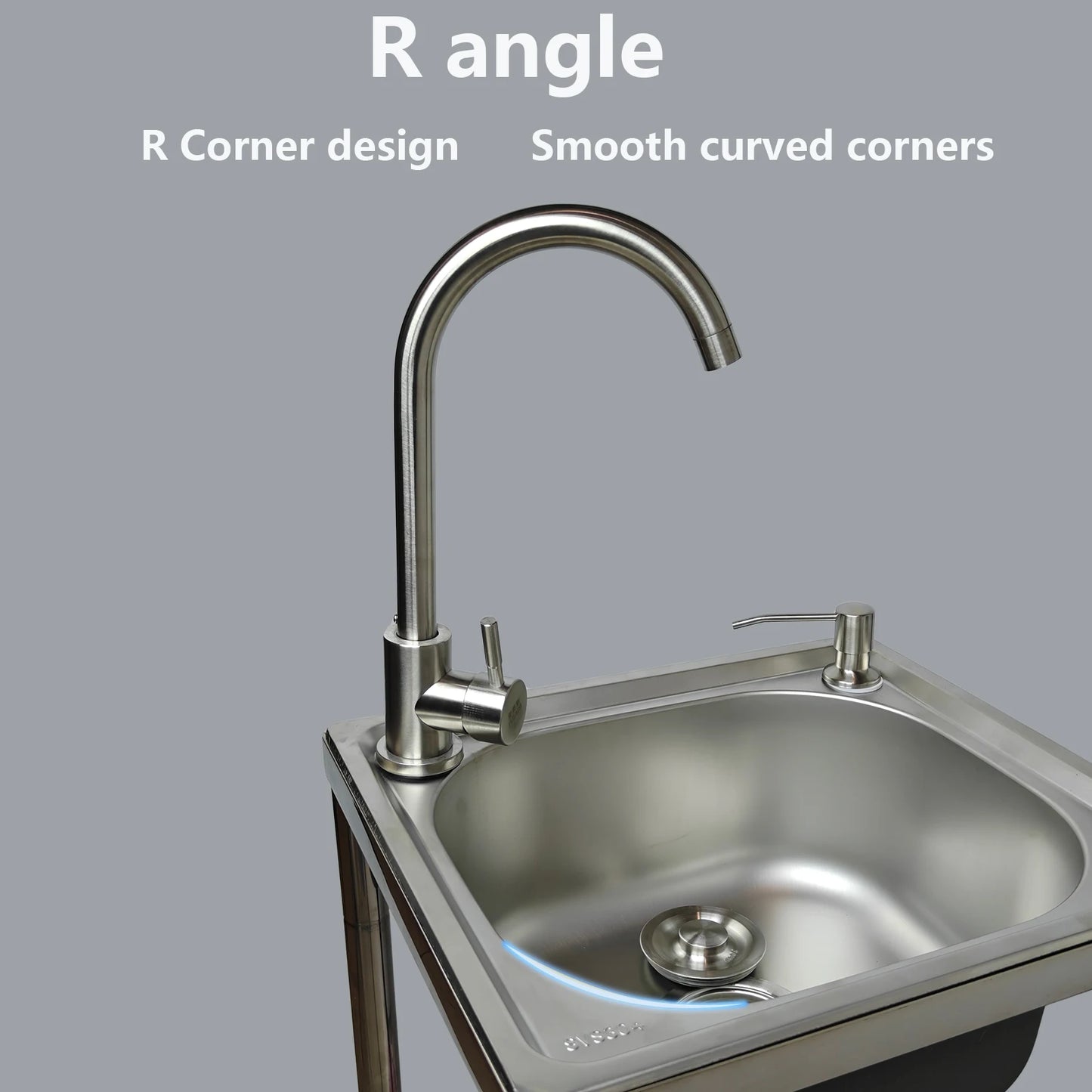 Freistehendes Edelstahl-Waschbecken, Außenspüle, Einzelschüssel, tragbares Outdoor-Camping-Waschbecken mit Abfluss und Warm- und Kaltwasserhahn