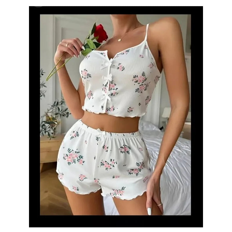 Damen Sexy Pyjamas Herz Wimpern Bedrucktes Pyjama Set V-Ausschnitt Camisole Top Shorts Loungewear