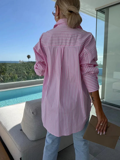 2025 New Women's Shirt Long Sleeve Striped Pocket Button Blue Casual Loose Top Street Office Pink Blouses.