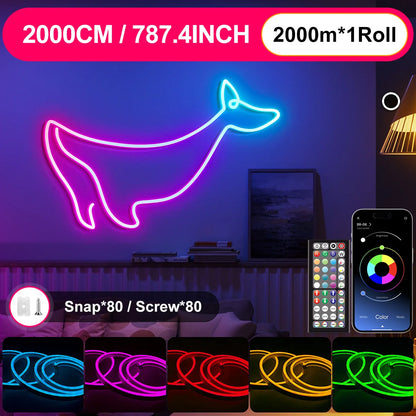 LED-Neon-Lichterkette mit App/Fernbedienung, 24 V, Musik-Synchronisierung, wasserdicht, flexibel, DIY-Design, RGB-Streifenlichter für Schlafzimmerparty.