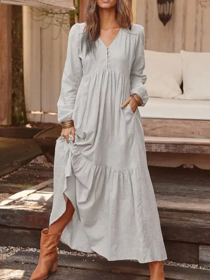 Baumwolle Und Leinen Vintage Stil Langes Kleid Für Frauen Casual V-ausschnitt Langarm Lose Maxi Kleider Weibliche Elegante frauen Kleidung.