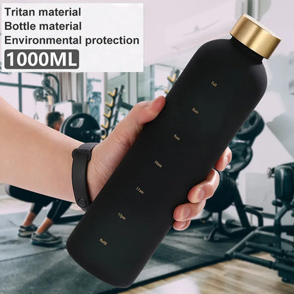 1L Bottle With Time Marker 32 OZ Motivational Reusable Fitness Sports Outdoors Travel Leakproof BPA Free Frosted Plastic.