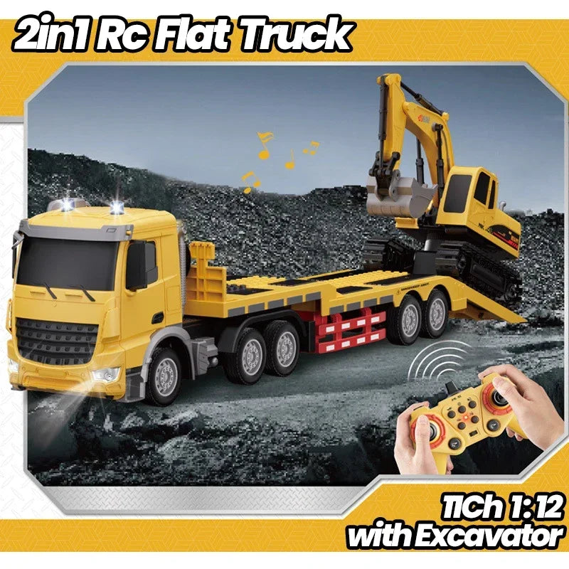 2 In 1 Rc Truck Combination Set Trailer Flat Trucks with 11Ch Excavator Engineer Vehicle 2.4G Remote Control Car Christmas Gifts.