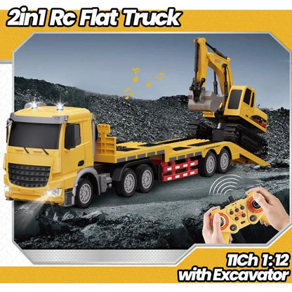 2 In 1 Rc Truck Combination Set Trailer Flat Trucks with 11Ch Excavator Engineer Vehicle 2.4G Remote Control Car Christmas Gifts.