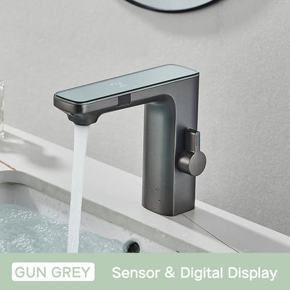 rozin Touchless Sensor Basin Faucet Smart Digital Display Bathroom Sink Faucets Grey Brass Sense Hot Cold Water Mixer Tap Crane