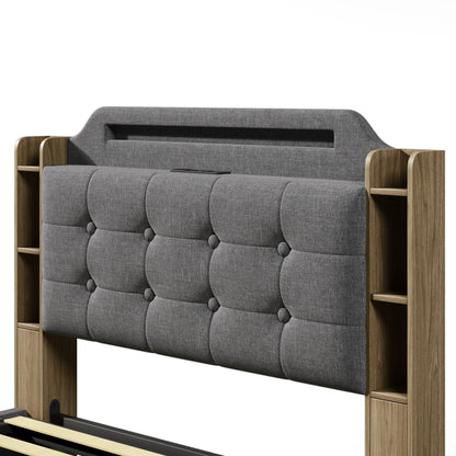 140*200cm Polsterbett mit LED-Lichtleiste und mehreren Ablagefächern, für Schlafzimmerwäsche, Beige (ohne Matratze)