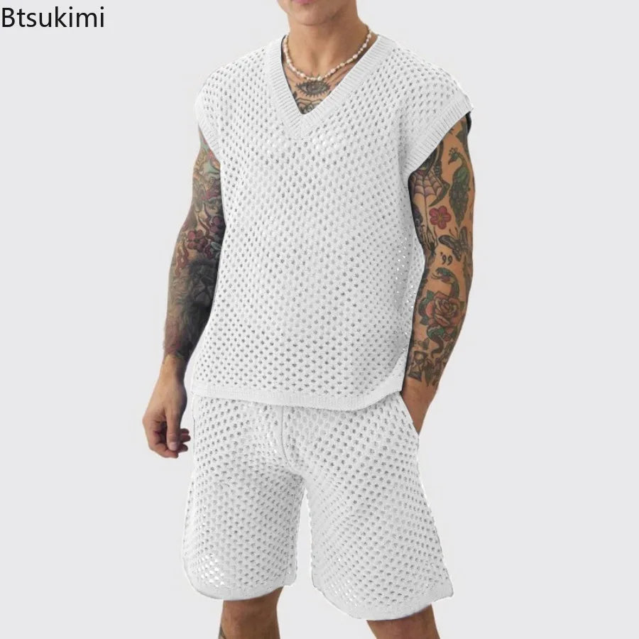 New Men's Summer Casual Knit V Neck Two-piece Sets Fashion Solid Loose Tank Tops and Shorts Sport Suit Men Hollow Out Streetwear.