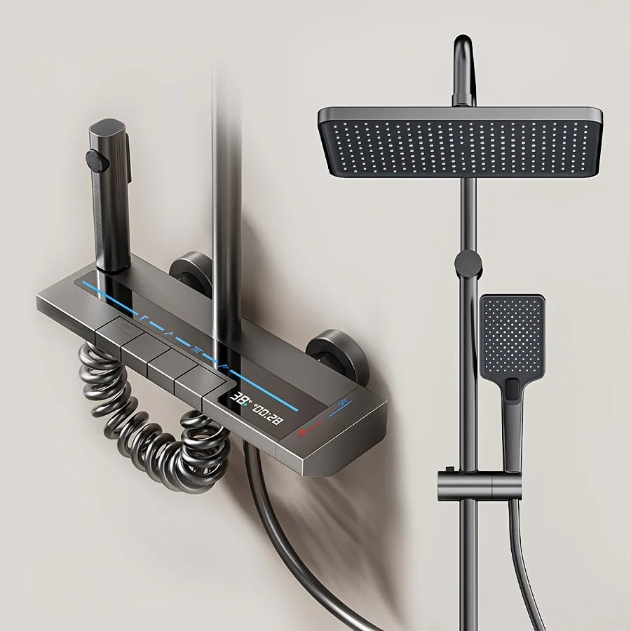 Bathroom Luxury Shower System with Tempered Glass Piano Key Smart Digital Display Thermostat Mixer Shower Faucet Full Set