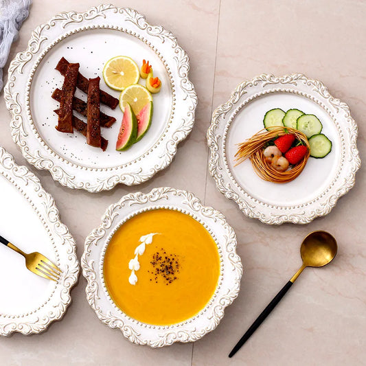 French Baroque Retro Relief Court Style Ceramic Dinner Plate European Tableware Western Food Plate Soup Plate Bowl Set.