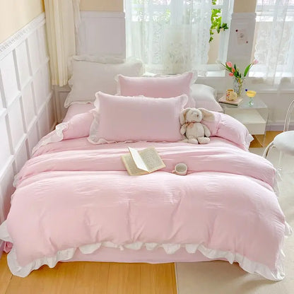 Korean Princess Style Duvet Cover Set No Filling Pink Blue Soft Washed Cotton Girls Favorite Ruffles Bed Linen Pillowcases.