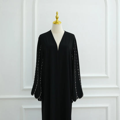 Middle Eastern Modest Dress with Pearl Sleeve for Muslim Women Ramadan Dubai Black Abaya Islam Party Jalabiya Outfit Turkey Robe.