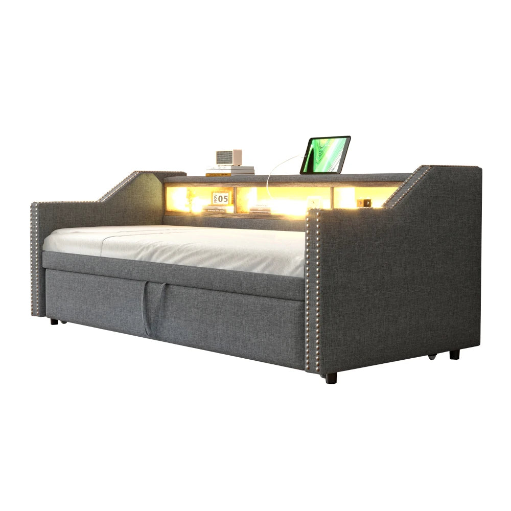 Ausziehbares Schlafsofa 90/180 x 190 cm, multifunktionales Aufbewahrungsfach, LED-Licht und USB-Buchse, mit Gitter, Dunkelgrau