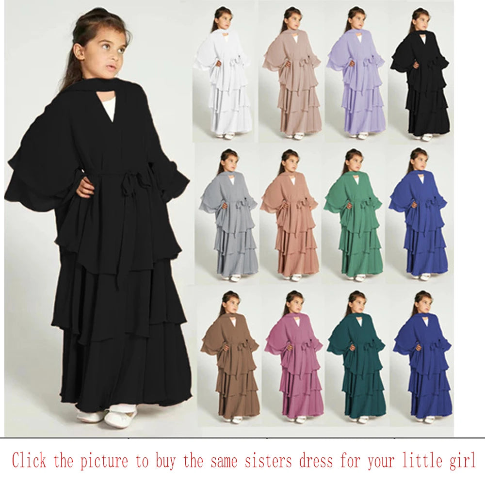 Summer Modest Kaftan Hijab Dresses For Women Kids Open Chiffon Khimar Kimono Abaya Dubai Luxury Muslim Sets Islam Kebaya Damen.