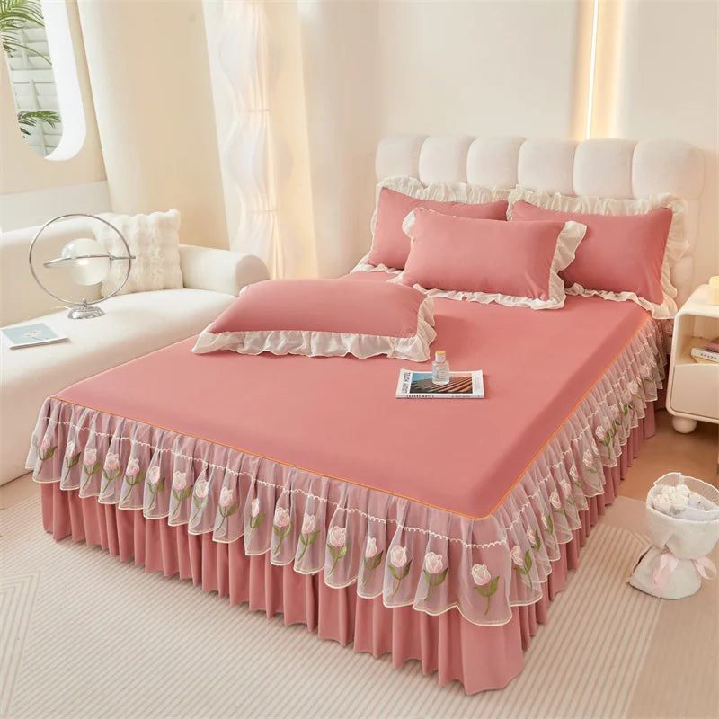 Floral Style Bed Skirt Embroidered Bed Cover Single/Queen/King Size Bed Linen Home Sheet with Skirt 침대스커트(Pillowcase Need Order).