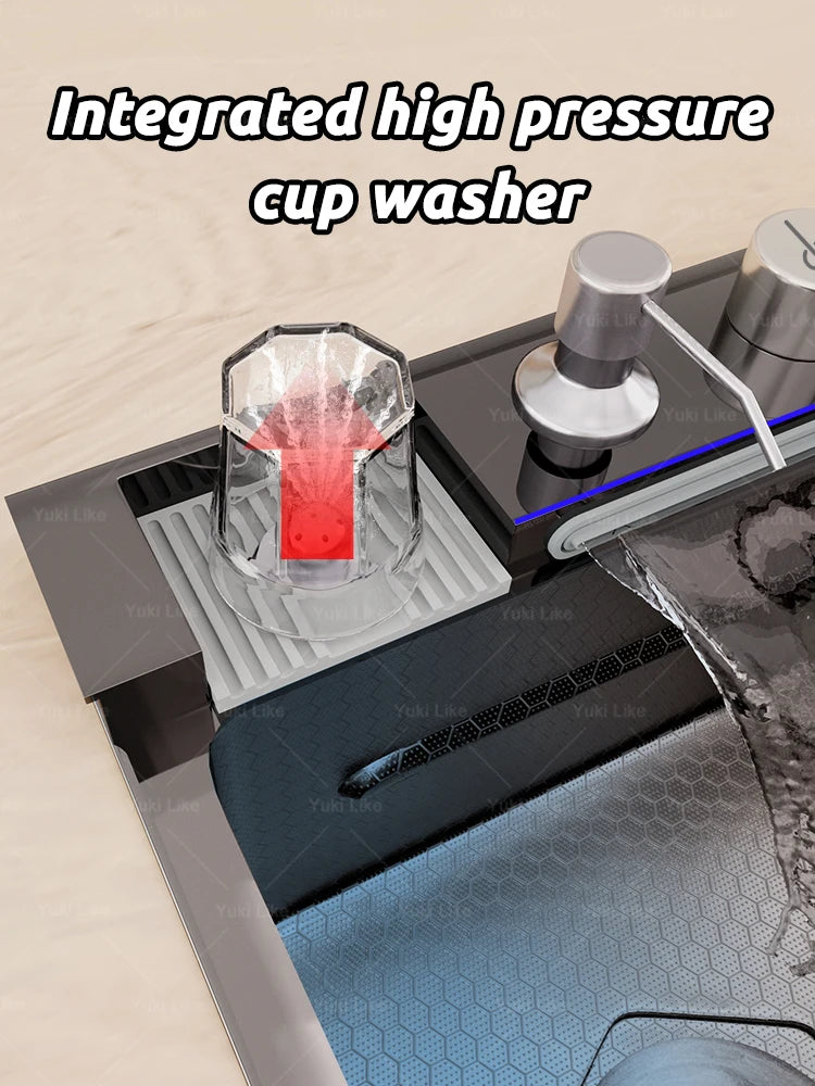 Stainless Steel Waterfall Kitchen Sink Extra Large Single Slot Multifunctional Sinks Digital Display Dishwashing Basin