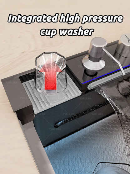 Stainless Steel Waterfall Kitchen Sink Extra Large Single Slot Multifunctional Sinks Digital Display Dishwashing Basin