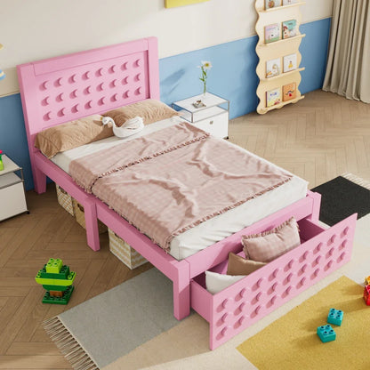Jugendbett mit kreativem Blockdesign, Gestell aus Massivholz mit Gitterrost, mit Stauraum unter dem Bett, ohne Matratze