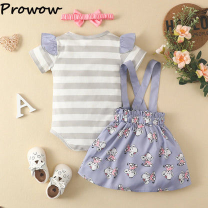 Prowow Günstige Preis Kleidung Baby Mädchen Outfits Set Niedlichen Elefanten Body und Hosenträger Kleid 3 stücke Neugeborene Geburt Set Kleidung.