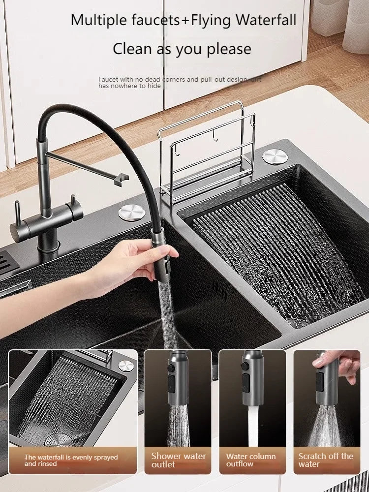 Stainless Steel Kitchen Sink Large Double Slot Waterfall Outlet Convenient for Dish and Vegetable Washbasin