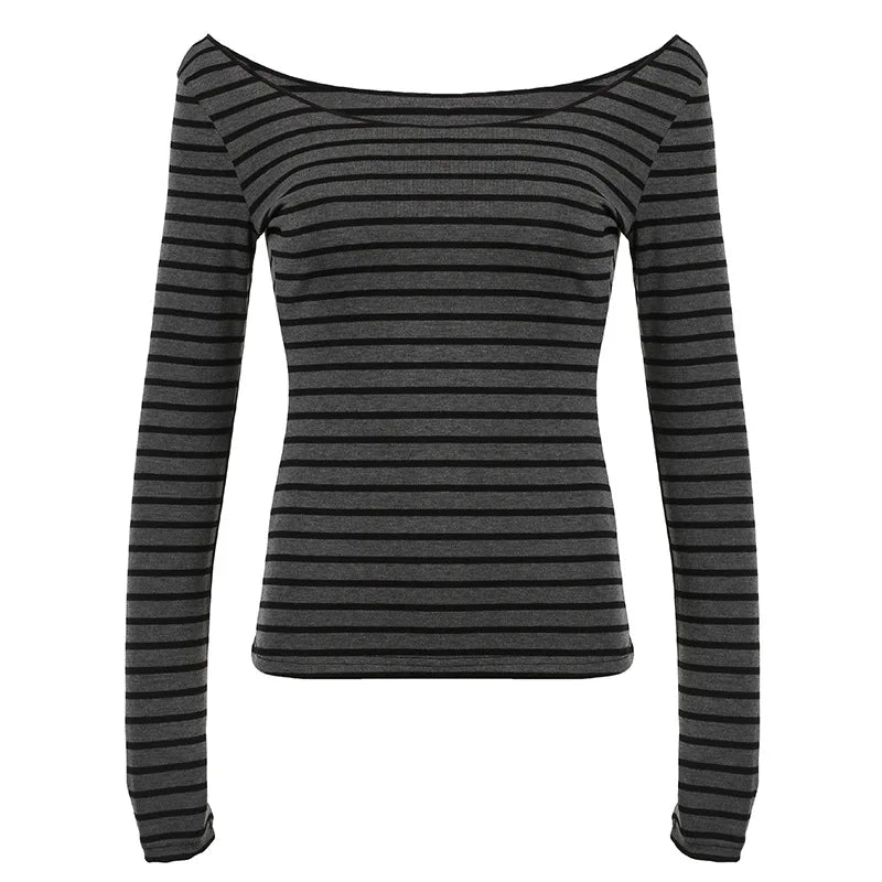 Spring Fall Women's New Japanese Basic Models Slim Long-Sleeved Striped t-Shirt Strapless Korean Street Style y2k Thin Tops.