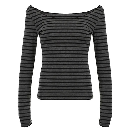 Spring Fall Women's New Japanese Basic Models Slim Long-Sleeved Striped t-Shirt Strapless Korean Street Style y2k Thin Tops.