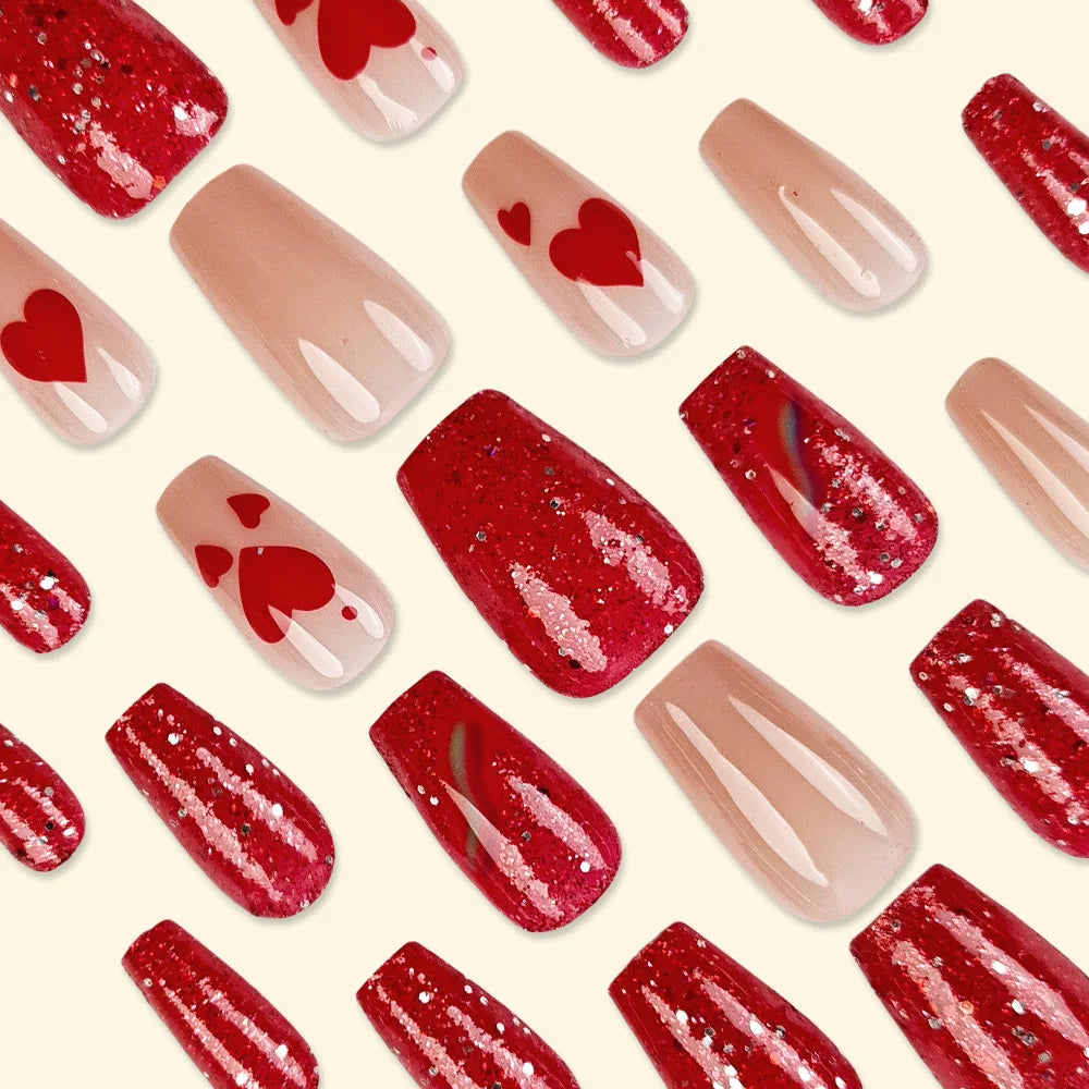 24pcs/set Medium long square fake nails for women girls cute heart flowers feather butterfly design press on false nail art tips.