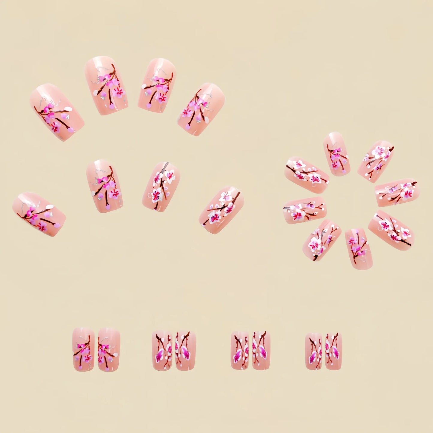 24pcs/set short medium long fake nails for Spring summer season gradient peach flowers butterfly heart press on false nail art.