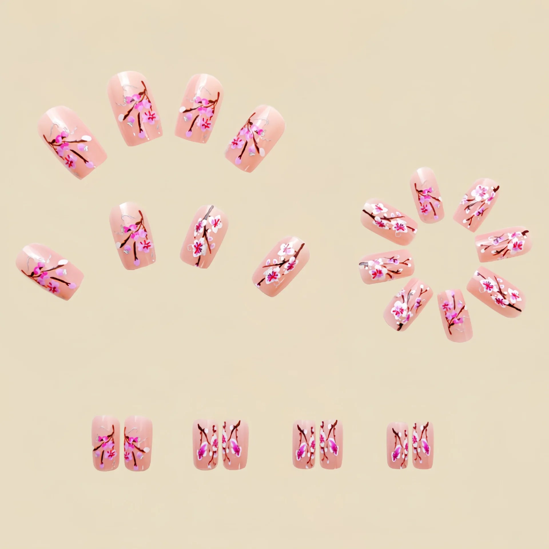 24pcs/set short medium long fake nails for Spring summer season gradient peach flowers butterfly heart press on false nail art.