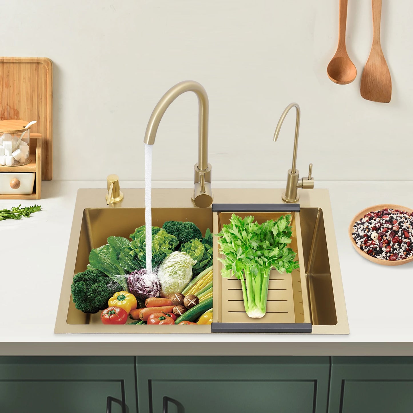 Gold Drop-in-Küchenspüle, 23,62 x 17,72 Zoll, Einzelschüssel-Arbeitsplatte oder eingebettetes Küchenspülen-Set aus Edelstahl, 7,87 Zoll Tiefe