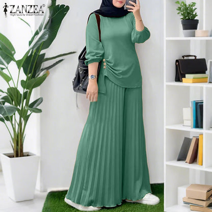 ZANZEA Muslim Women 2 Pieces Pant Sets Hijabis Casual Asymmetric Hem Long Sleeve Blouses & Pleated Pants 2pcs Suits Outfits.