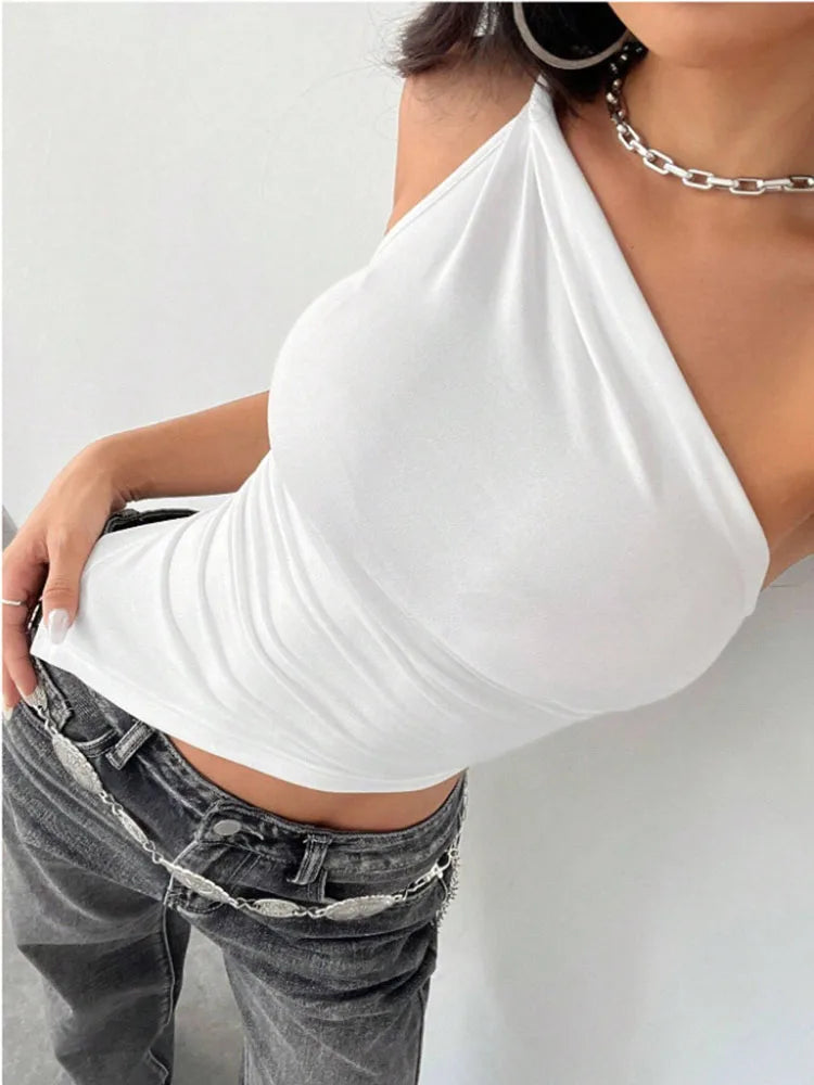 2025 New Fashionable Casual Women's T-Shirt Solid Color Single Shoulder Asymmetrical Slim Fit Top One-Piece Neck.